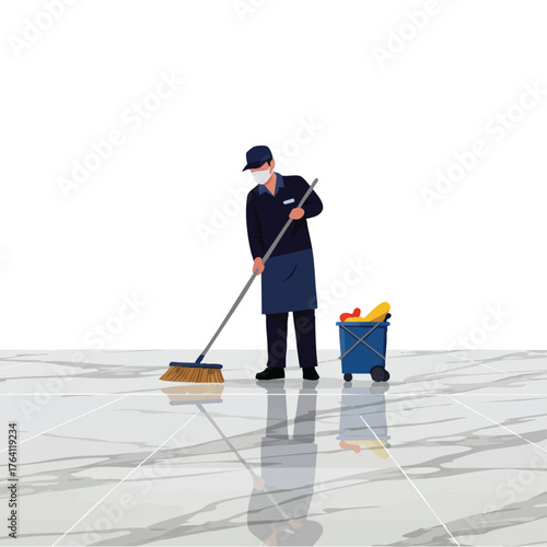 A cleaner sweeps a marble floor with a broom, a cleaning cart nearby.