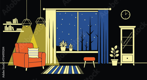 Cozy living room scene at night with warm interior lighting and starry sky view