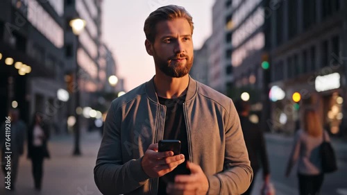 Urban Man Checking Smartphone at Twilight in City Street Setting