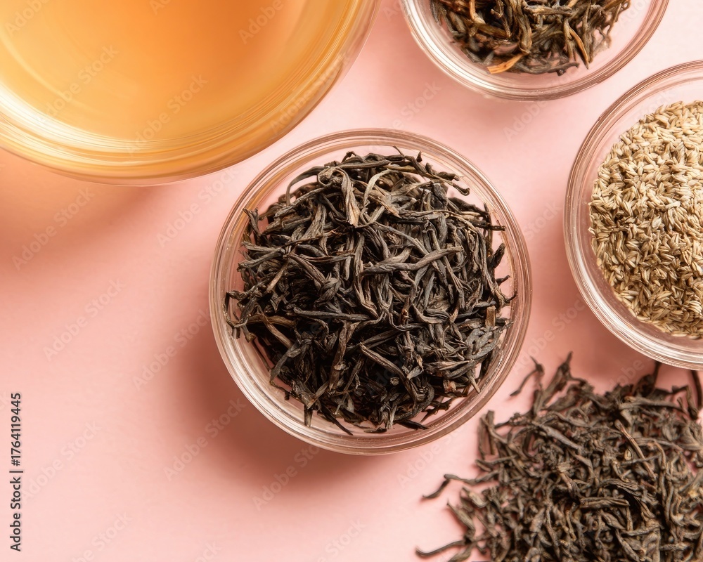 Fototapeta premium Assortment Of Loose Leaf Teas In Glass Bowls On Pink Background