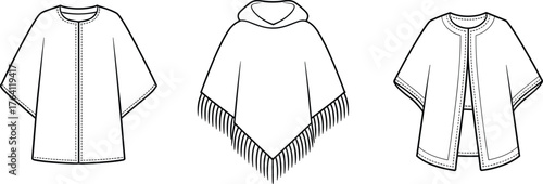 Women’s cape and poncho technical flat, outerwear fashion sketch, hooded poncho with fringe, structured cape design, garment construction illustration