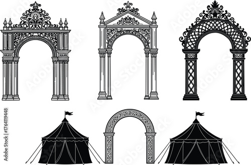 Vintage decorative arch and circus tent silhouette set, ornate festival entrance design, fairground vector illustration, elegant architecture element, carnival decoration