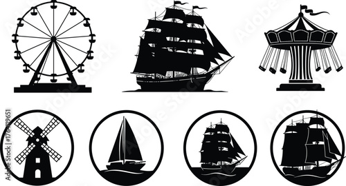 Vintage ferris wheel, sailing ship, carousel swing, windmill, and sailboat silhouette set, nautical and amusement park vector illustration design