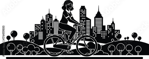 Woman riding bike in city black and white vector illustration