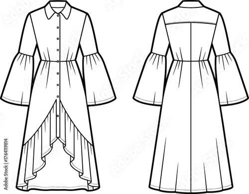 Women’s collared dress technical flat, long sleeve fashion sketch, button‑down front, ruffle hemline, high‑low layered design, garment construction illustration