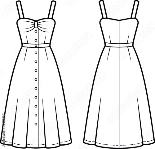 Women’s sleeveless dress technical flat, spaghetti strap fashion sketch, gathered bust detail, A‑line pleated skirt, front and back view illustration