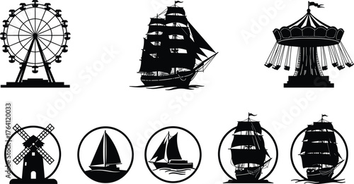 Vintage ship, ferris wheel, windmill, carousel swing, and sailboat silhouette set, nautical and amusement park vector illustration design