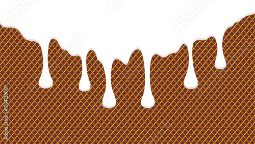 Milk drip on waffle background. Wavy ice cream dripping illustration. Ice cream melting illustration background. Wavy syrup dripping illustration. Wavy candy dripping illustration. 