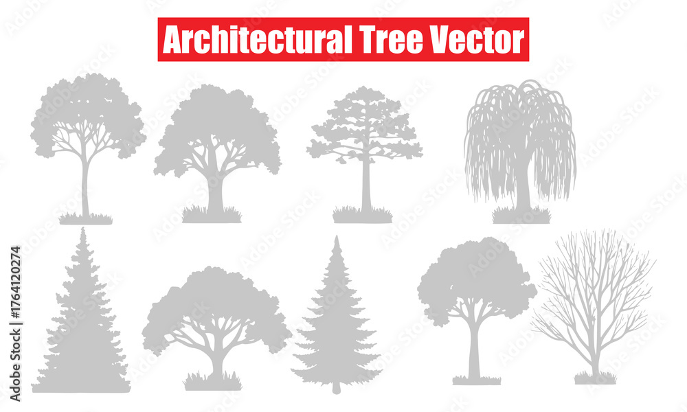 Fototapeta premium Architectural Tree Vector collection featuring detailed tree silhouettes and plant outlines for architectural drawings, landscape design, and urban planning.