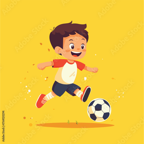 Boy cheerfully running and kicking a soccer ball in a minimalist illustration   , vector style simple color