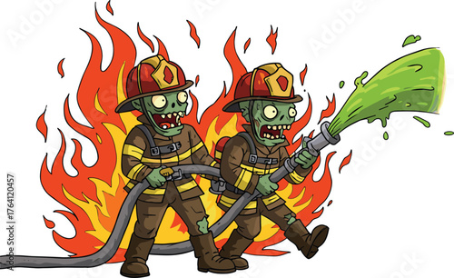 Zombie firefighters in cartoon style, spraying green liquid, surreal funny undead heroes, firefighting scene with flames, humorous Halloween emergency illustration