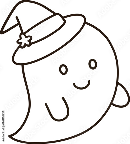 Black line icon of a cartoon ghost wearing a witch hat with stars