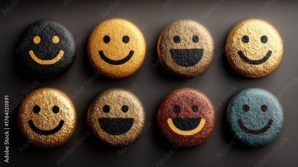 Fototapeta premium Textured smiley face stones, diverse gold, black, and brown, representing happiness and positive emotions.
