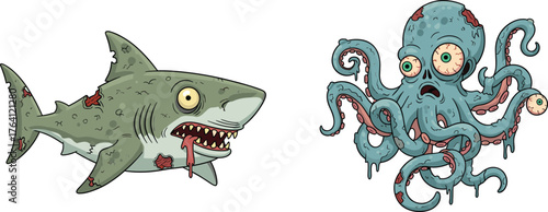 Zombie shark and octopus illustration, horror sea creatures, creepy underwater fantasy, decayed marine animals, grotesque cartoon monsters, Halloween ocean artwork