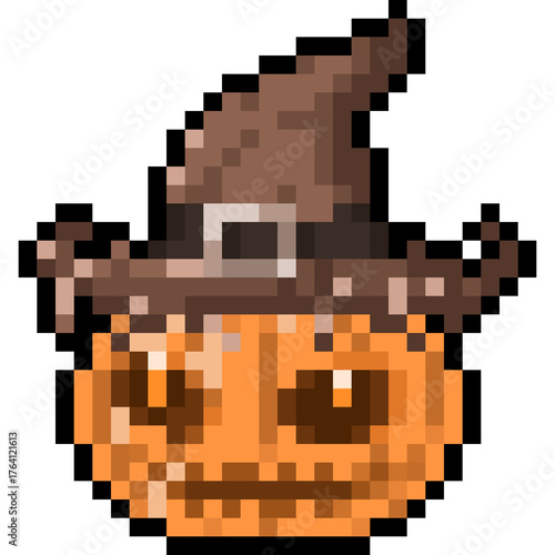 Cartoon Pixel Jack O Lantern Head Icon.