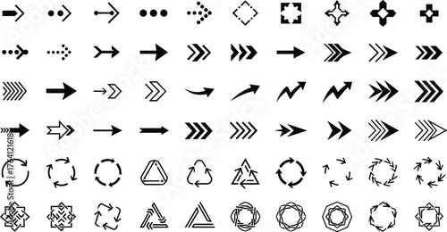 Arrow icons, recycling symbols, vector arrows, circular arrows, chevrons, motion arrows, curved arrows, eco icons, mandala arrows, graphic elements