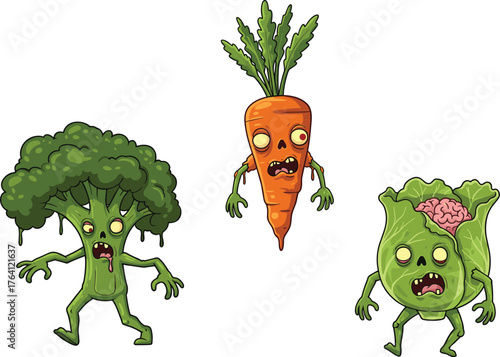 Zombie vegetables cartoon characters, creepy broccoli carrot cabbage illustration, horror food concept, undead vegetable artwork, Halloween scary funny monster design