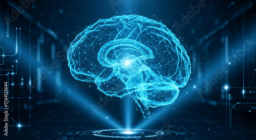 3D holographic brain composed of bright blue dots and lines representing neural networks, floating in dark technological background