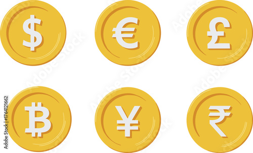 Currency coin icons, global money symbols, dollar euro pound, bitcoin yen rupee, financial graphic, gold coins, finance concept