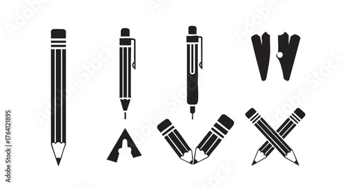 Pencil pen and sharpener stationery tools in black and white design