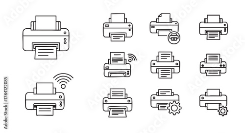 Printer icon collection showing wired and wireless printing options vector illustration