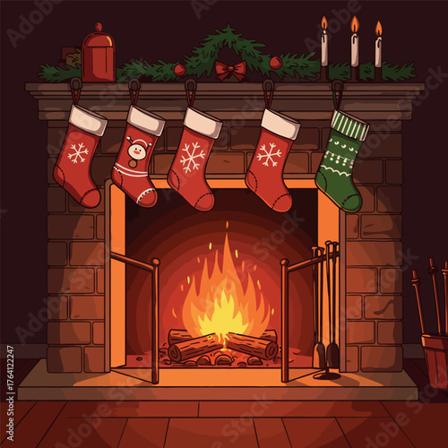 Cozy Christmas Fireplace with Stockings and Burning Fire.