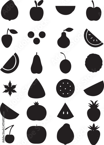 A black silhouette set of fruit and vegetable icons with leaves for vector design and illustration