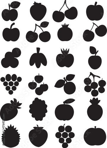Black and white vector icon set of food, fruit, and nature elements like apple, pineapple, sun, and leaf silhouette design collection