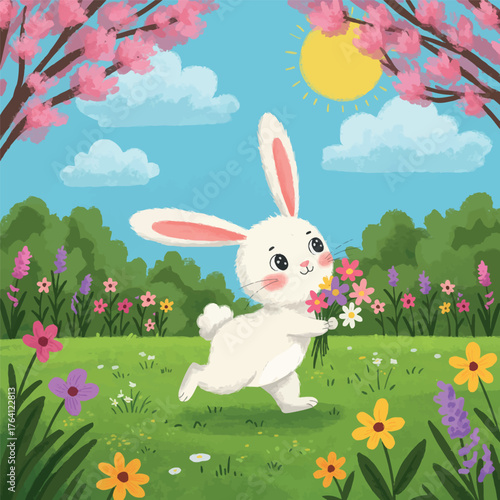 Happy Easter Bunny Gathering Spring Flowers in Meadow.