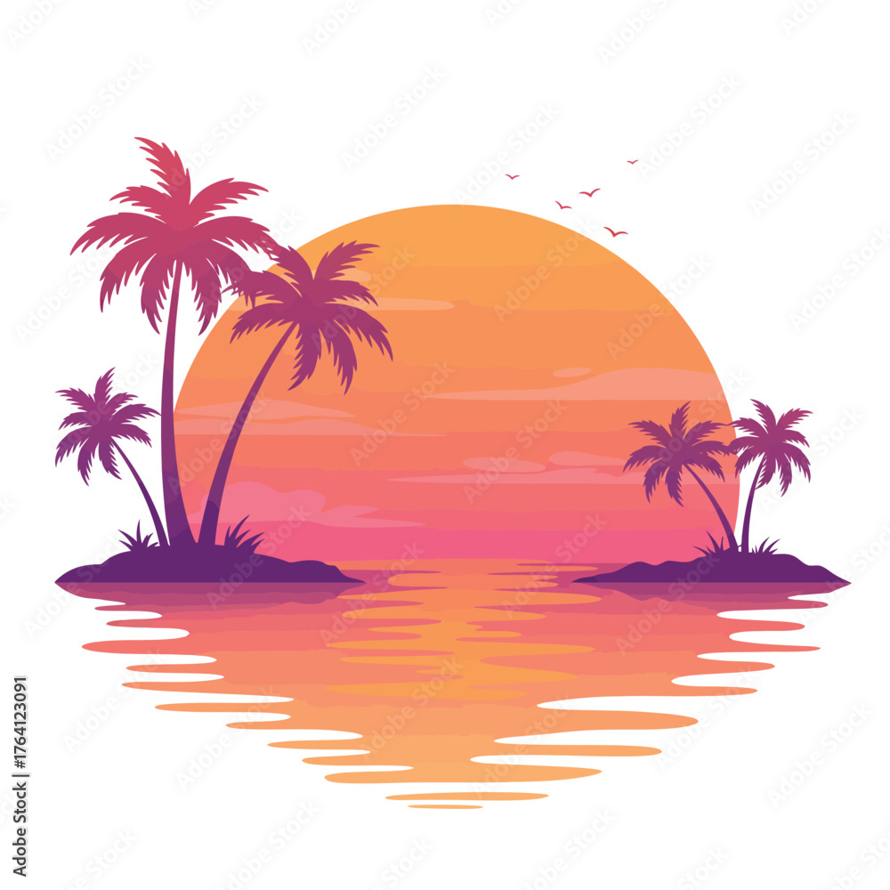 Fototapeta premium Tropical Sunset with Palm Trees and Ocean Reflection.
