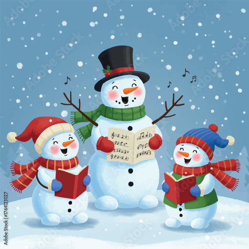 Snowmen caroling in winter wonderland illustration.