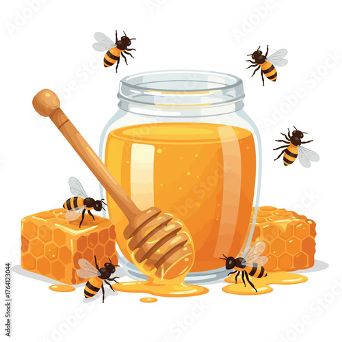 Sweet Golden Honey Jar with Dipper and Bees.
