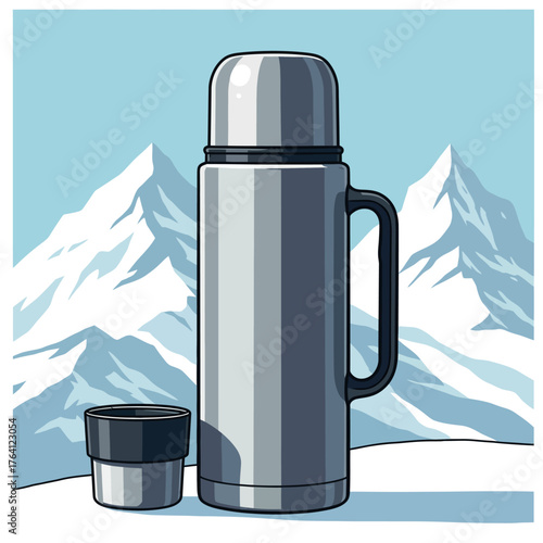 Thermos and Cup in Snowy Mountain Landscape.