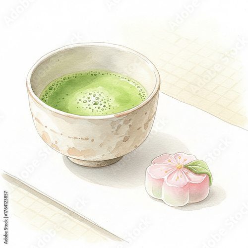 a delicate watercolor illustration of a tea bowl filled with bright green matcha placed beside a single piece of pastel wagashi sweet