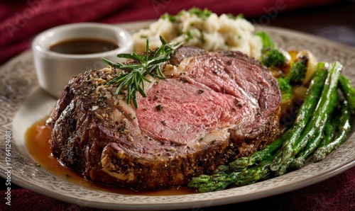 Delicious Prime Rib Dinner with Asparagus and Mashed Potatoes.