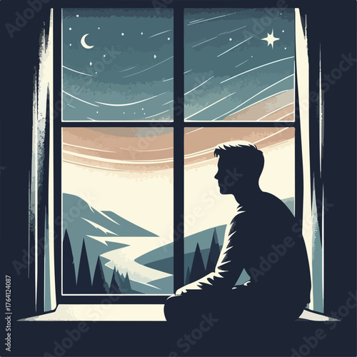 Illustration of a person contemplating at a window at night
