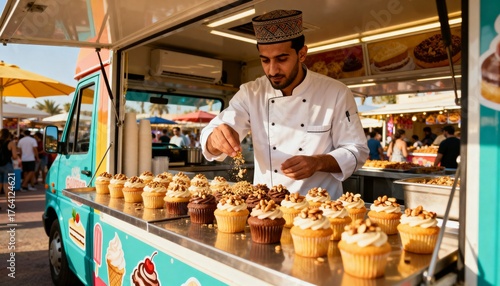 Chef Man Selling Assorted Cupcakes at Outdoor Food Truck Market