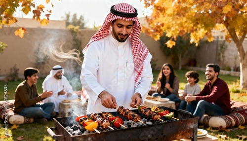 Arab Man Grilling Skewers Outdoors During Autumn Family Gathering