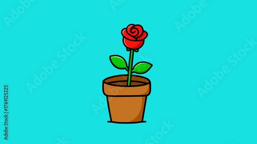 Animation of a potted rose moving in the wind on a blue background