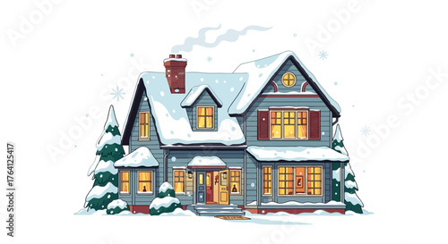 Enchanting snowy cottage nestled among frosted pines, creating a picturesque winter scene filled with festive cheer and the anticipation of joyful moments