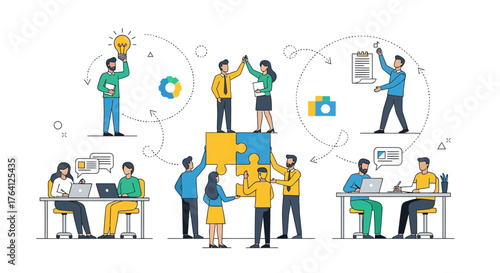 Teamwork concept illustration of people collaborating and achieving goals through cooperation and idea generation