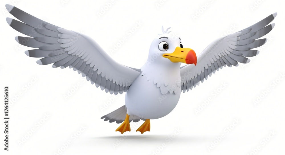 Obraz premium A cute cartoon seagull with outstretched wings and a friendly expression isolated on a white background