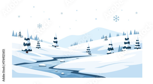 Charming winter landscape illustration featuring snow-covered pine trees, a winding frozen river, and gentle snowflakes drifting over serene, tranquil hills