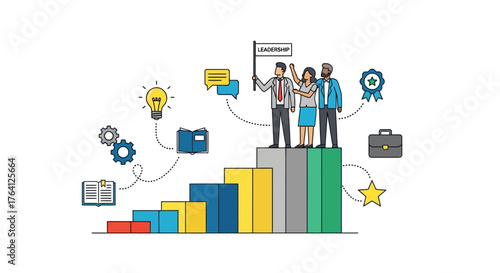 Dynamic business team achieving success on a growth chart, symbolizing collaborative progress, strategic development, and triumphant corporate goals