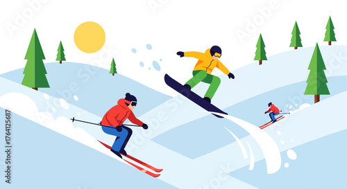 Illustration of active friends enjoying a winter vacation, skiing and snowboarding down a snowy mountain slope on a sunny day