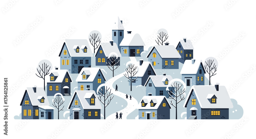 Naklejka premium Serene illustration of a snowy mountain village during a peaceful winter evening with cozy homes