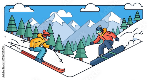 Skier and snowboarder racing down a snowy mountain slope. A vector illustration concept of winter sports and outdoor adventure activities