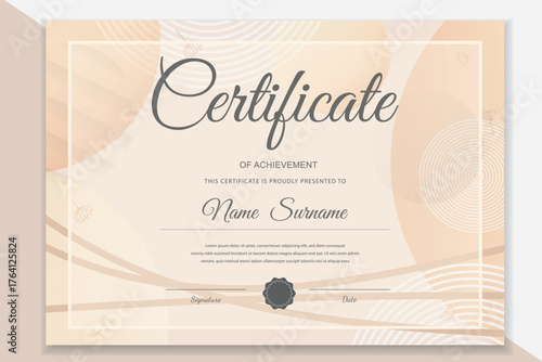 Elegant, modern vector template of an achievement certificate. Minimalistic design in pastel colors with abstract lines and subtle botanical elements. Ideal for awards, diplomas and official document.