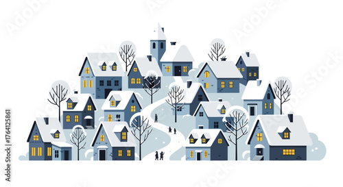 Serene illustration of a snowy mountain village during a peaceful winter evening with cozy homes