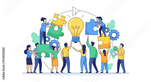 Collaborative team building a bright idea with puzzle pieces, representing successful business strategy and innovative solutions